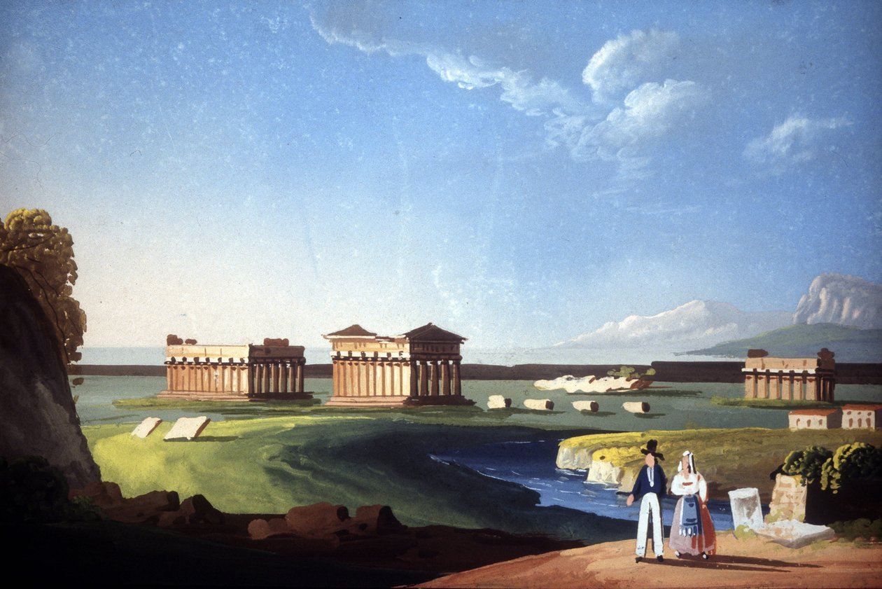 Paestumin temppeleitä kuvaava maalaus, nykyinen Capaccio. tekijältä Unknown artist