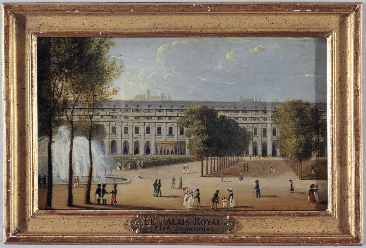 Palais-Royalin puutarha, noin 1820, nykyinen 1. arrondissement, vuosien 1815 ja 1825 välillä (maalaus). tekijältä Unknown artist