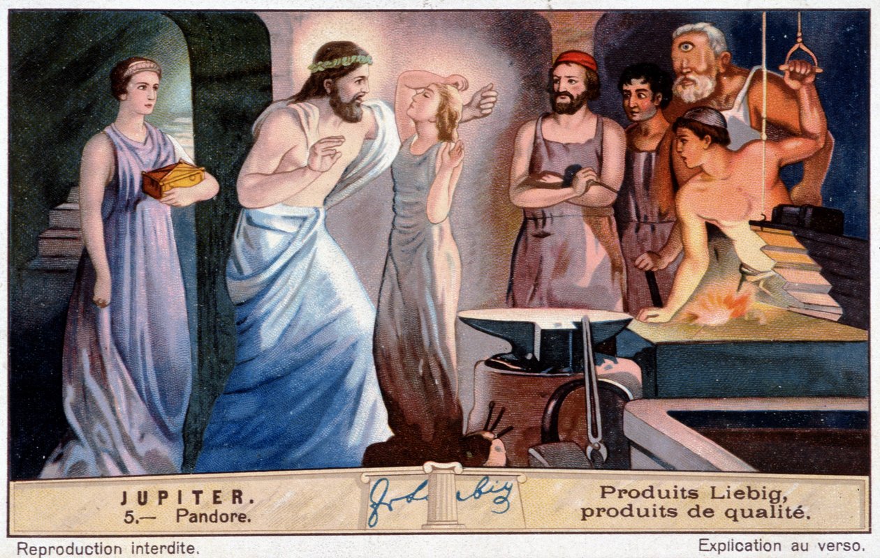 Pandora, ensimmäinen nainen, luotu Jupiterin järjestyksessä - Liebig-kromolitografia tekijältä Unknown artist
