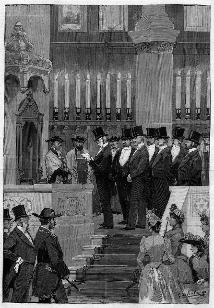 Pariisi 1890: Ranskan suuren rabbin Zadoc Kahnin (Zadoc-Kahn) (1839-1905) asennus. Monsieur Alphonse de Rothschild (1827 -1905) lukee nimitysmääräyksen. tekijältä Unknown artist