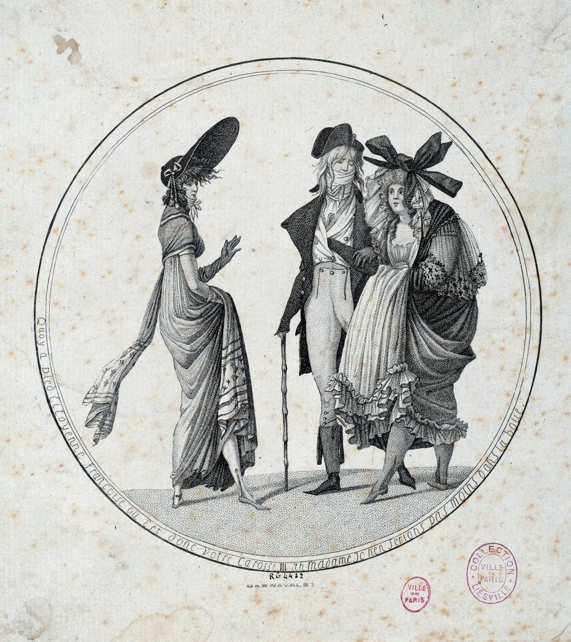 Pariisilainen muoti: "" Hämmästyttävä ja upea"" Kaiverrus vuodelta 1795 Pariisi, Musee Carnavalet tekijältä Unknown artist