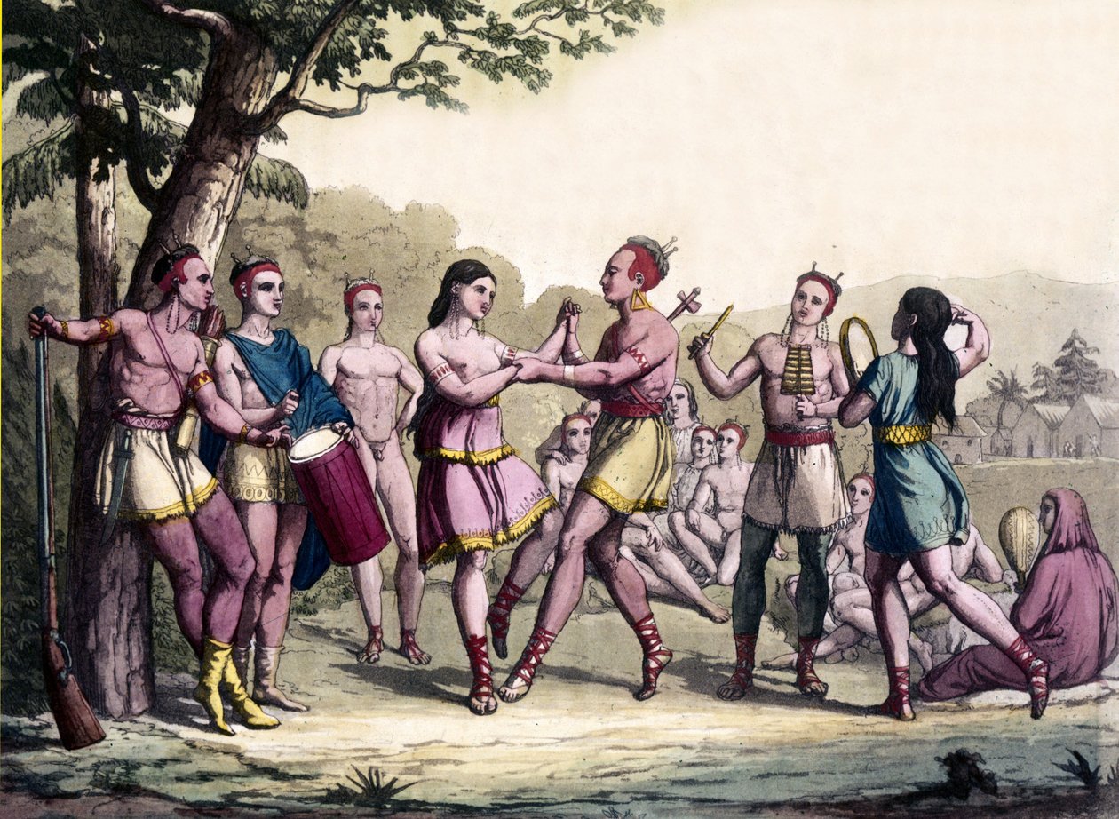 Juhlakohta irokeesi-intiaanien keskuudessa. 1700-luvun kaiverrus. tekijältä Unknown artist