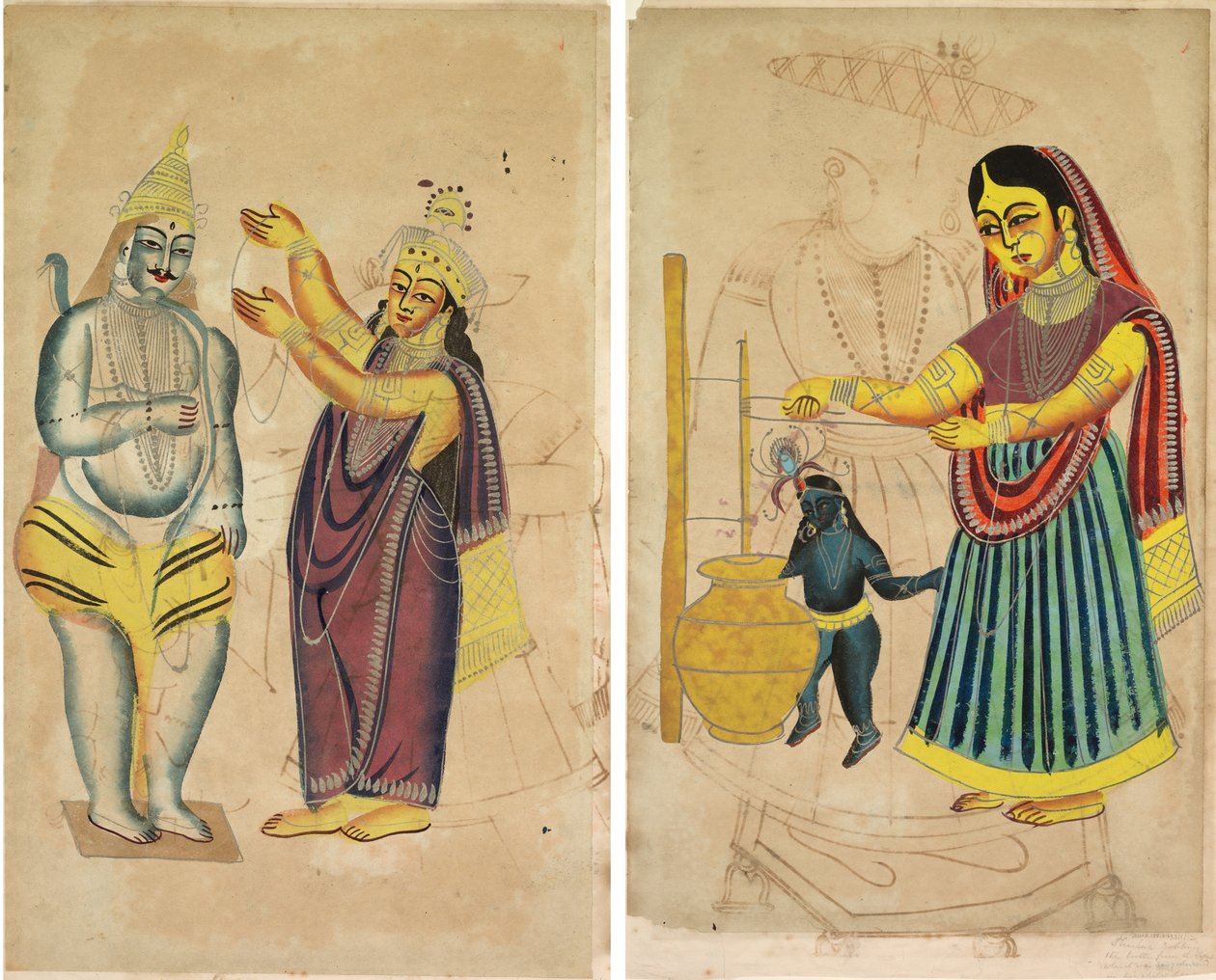 Parvati hääseppeleen asettaminen Shivalle (recto); Yasoda Churning Butter (käänteinen) tekijältä Unknown artist