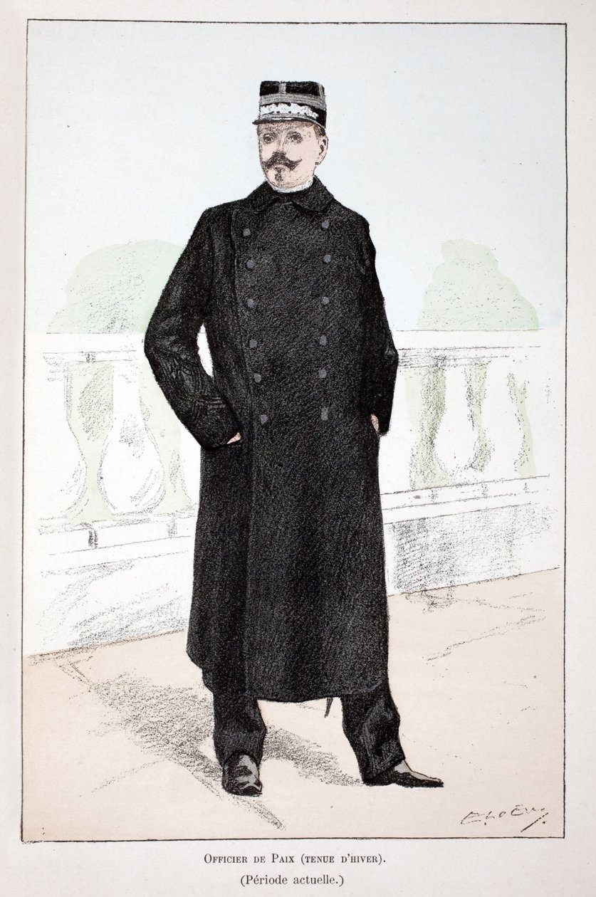 Rauhanupseeri, talvipuku (Lepine-kausi). Etsaus väreillä, havainnollistava "History of the Corps of Peacekeepers"" -kirja, jonka ovat julkaisseet Louis Lepinen (1846-1933) Seinen poliisin prefekti, Alfred Rey (1864-?) ja Lou tekijältä Unknown artist