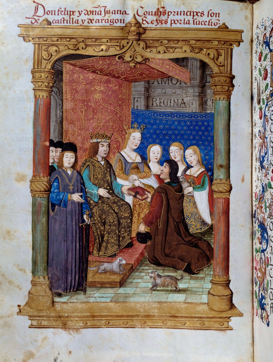 Pedro Marcuello esittelee kirjansa Hasburgin kuninkaalle Philip I:lle Kauniina (1478-1506) ja Kastilian kuningatar Joan Ierelle (1504-1555). Miniatyyri Pedro Marcuellon teoksessa "Kuningatar Da Juanan hartaus, jota he kutsuivat hulluksi naiseksi" tekijältä Unknown artist