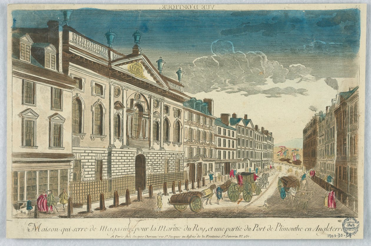 Peep-show, Maison Quiserie de Magasins, kuninkaallinen laivasto, ja osa Plimmouthen satamaa Englannissa tekijältä Unknown artist