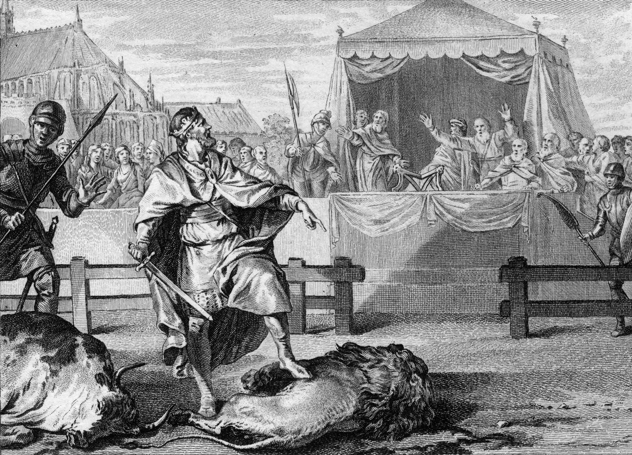 Pepin le Brief (714-768), frankkien uusi kuningas, todistaa rohkeutensa taistelemalla leijonaa ja härkää vastaan areenalla, 751. Kaiverrus 1700-luvulta. tekijältä Unknown artist