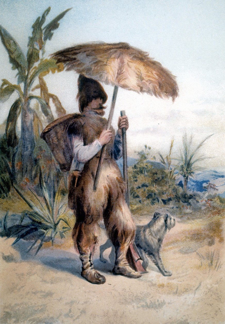 Robinson Crusoén esitys, Daniel de Foen tai Defoen samannimisen romaanin hahmo (1660 - 1731) tekijältä Unknown artist