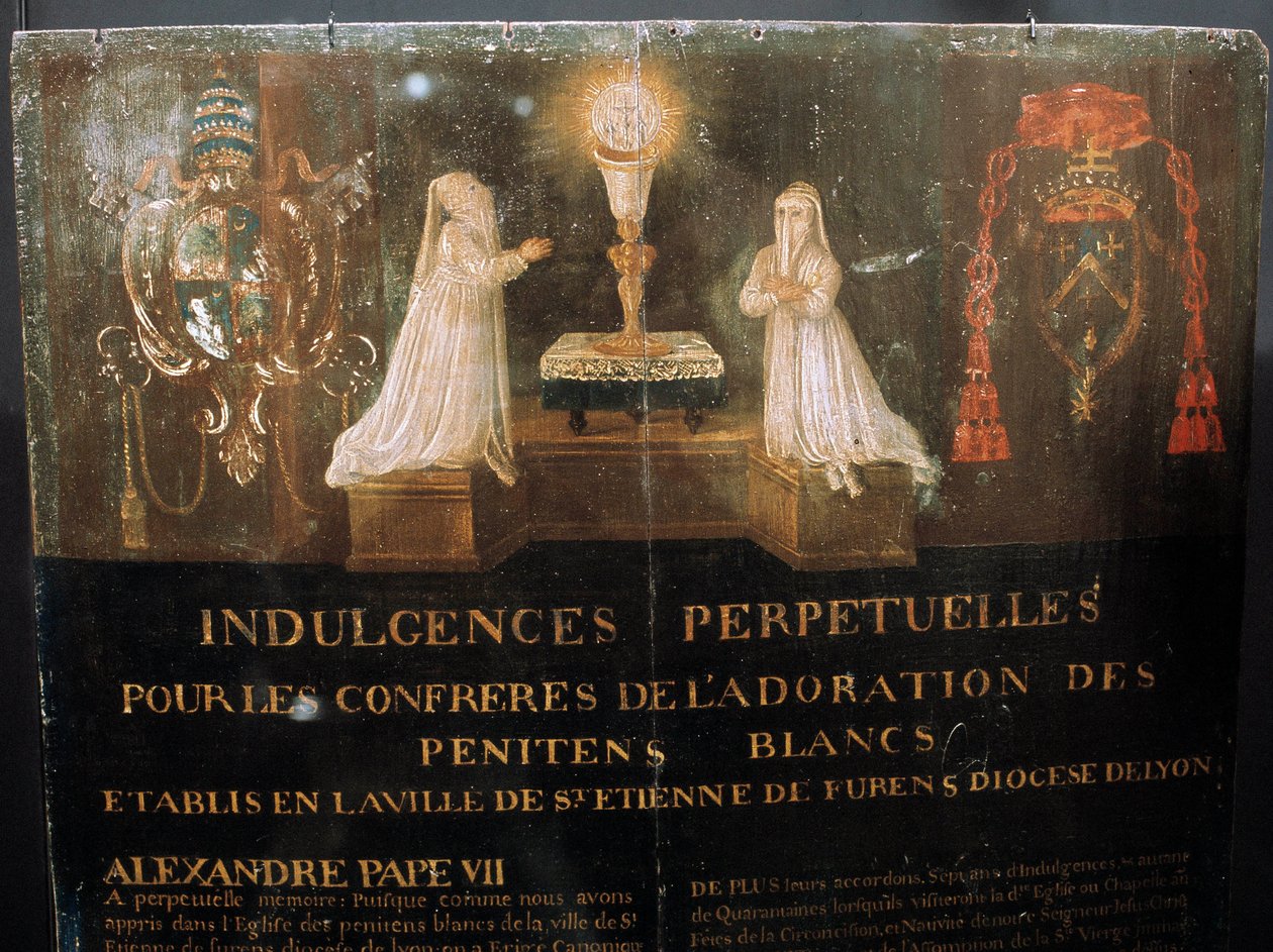 Paavi Aleksanteri VII myönsi jatkuvan alennuksen Saint Stephenin kaupungin Confrerie des Penitents Blancsin jäsenille noin 1668. Maalausta puulle. tekijältä Unknown artist