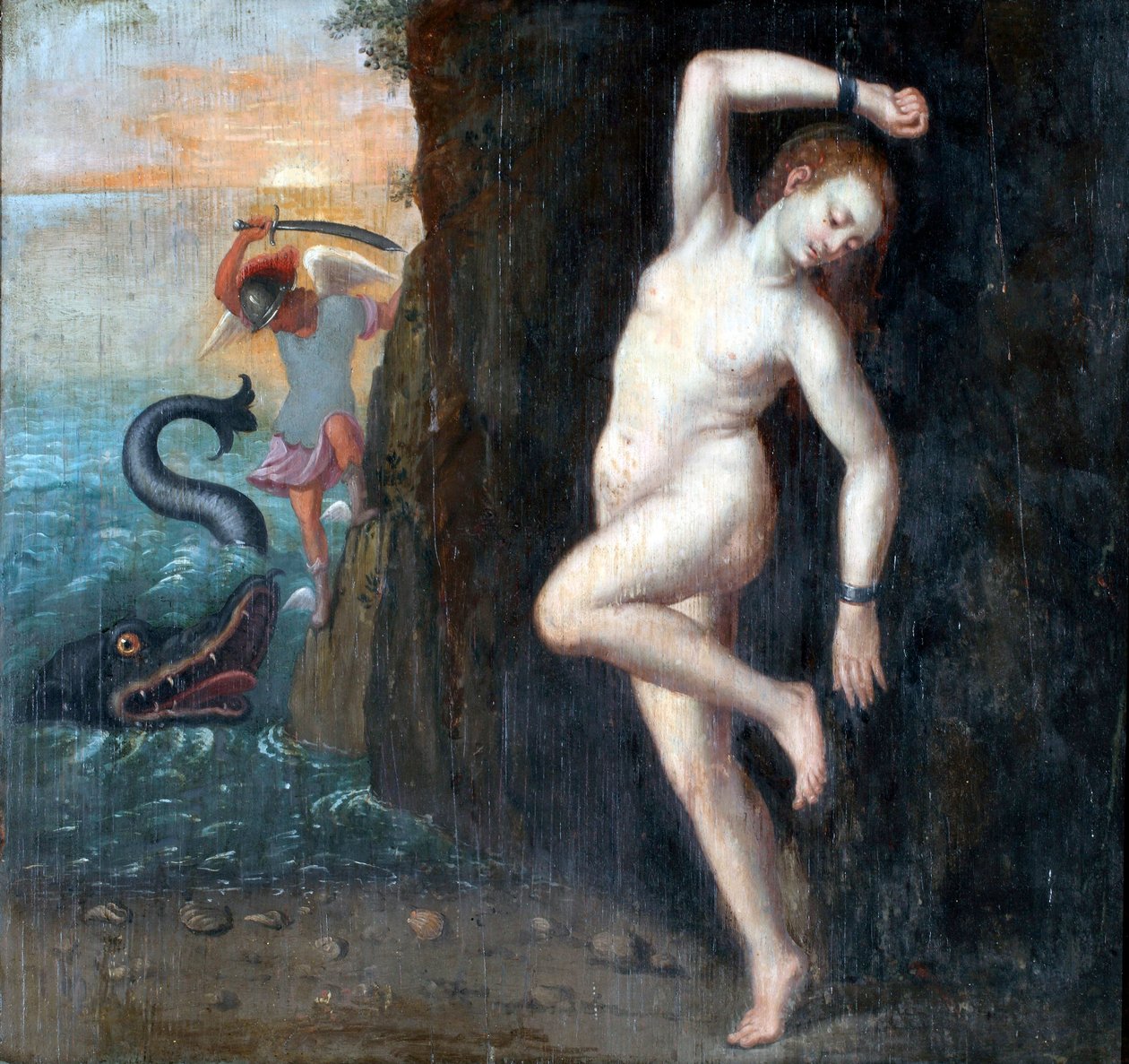 Persee et Andromede - Perseus ja Andromeda par Anonymous, n. 1600 - Öljy puulle, 62x65,4 - Ptuj Ormo_ Aluemuseo tekijältä Unknown artist