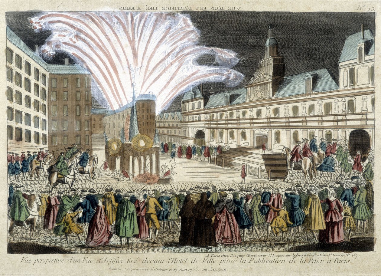 Perspektiivikuva ilotulitusnäytöksestä Hôtel de Villen edessä Pariisin rauhan julkaisua varten tekijältä Unknown artist