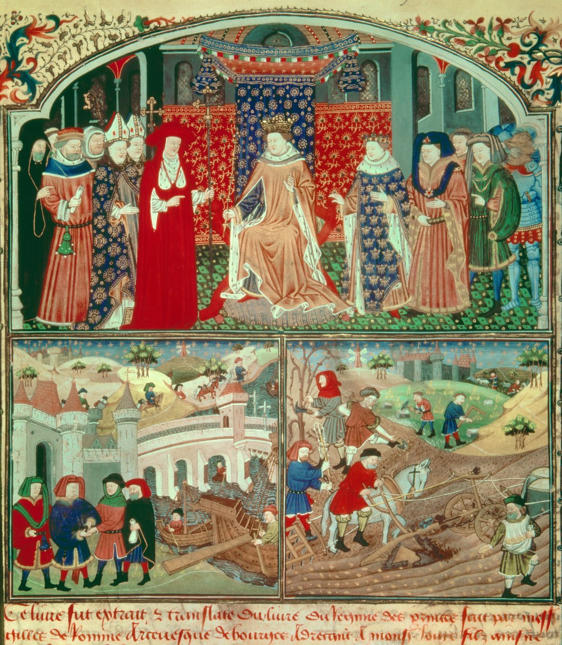 Philippe Bel truunant (1268-1314) kyntö- ja kauppiaskohtauksella. Miniatyyri Gilles de Romen (v.1247-1316) "Livre du régime des Princes" -kirjassa, Paris, B N tekijältä Unknown artist