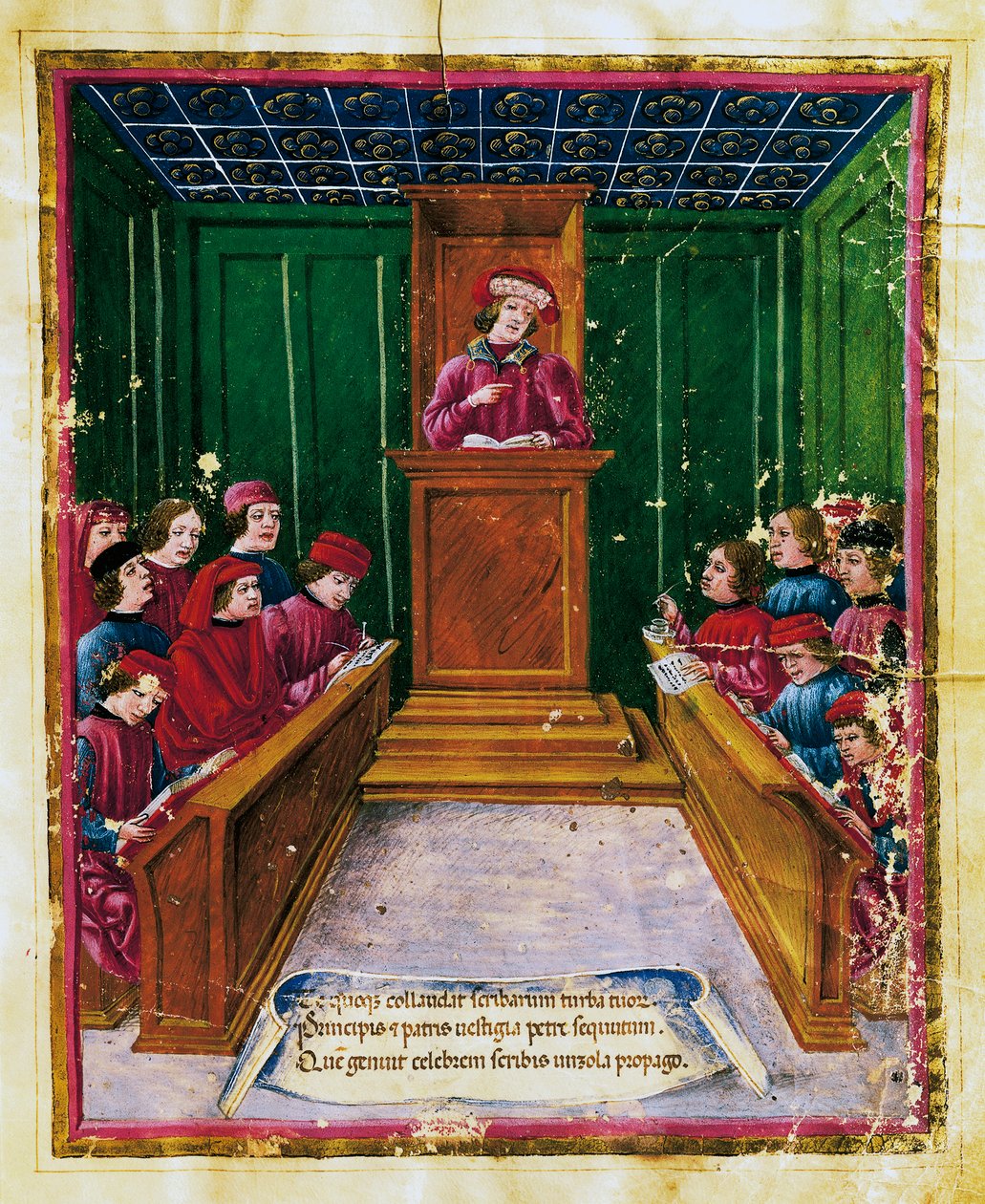 Pietro da Unzola luennoi lakitekstistä oppilaille oikeusluennon aikana Bolognan yliopistossa, Miniatyyri Liber iurium et privilegiorum notariorum Bononiae -käsikirjoituksesta, Italia tekijältä Unknown artist