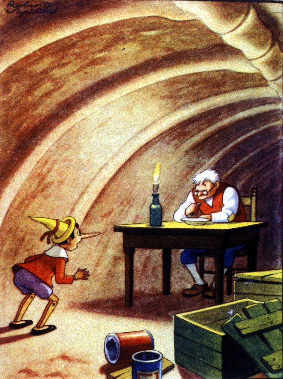 Pinocchio löytää isänsä valtavan kalan vatsaluolasta. Kuvitus Carlo Collodin tarinasta. tekijältä Unknown artist