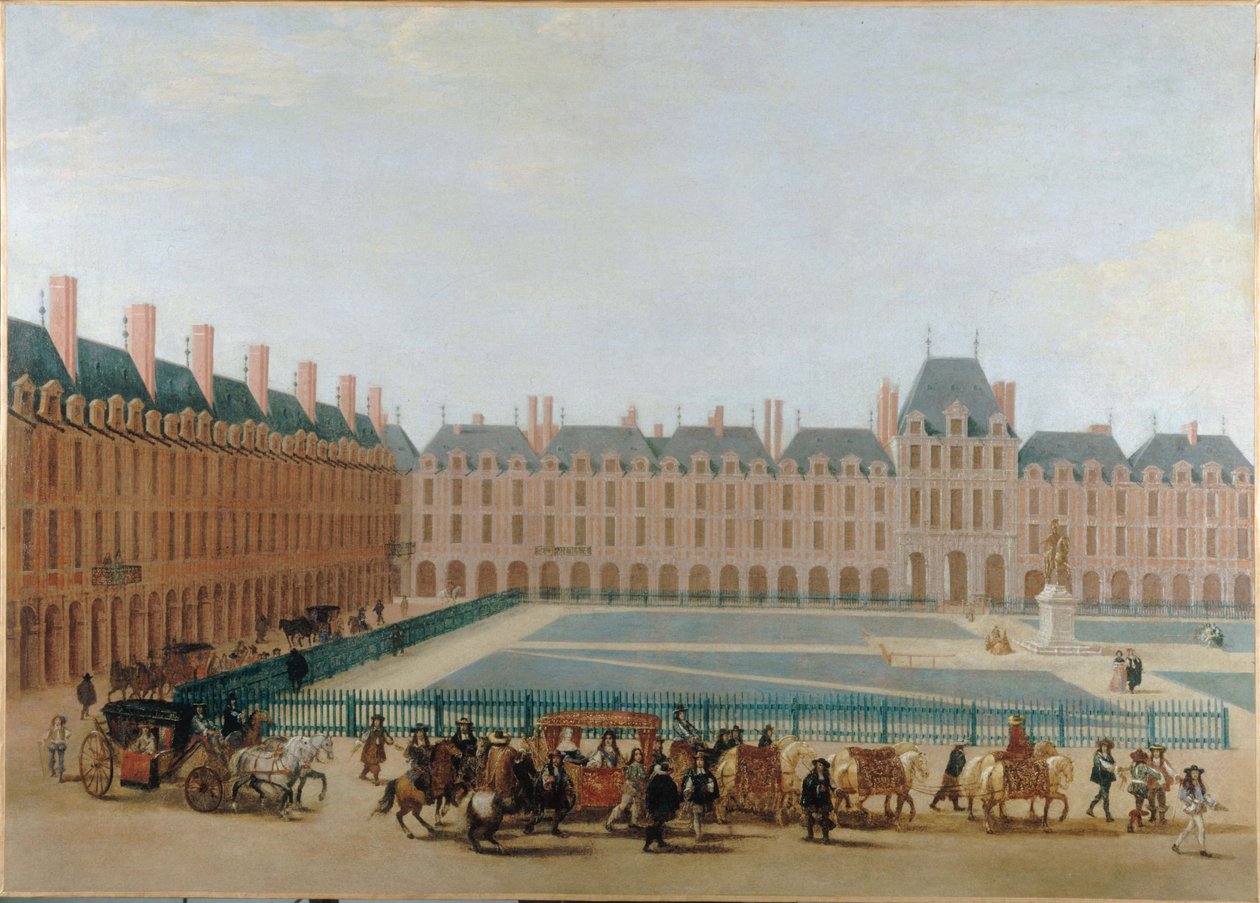 Place Royale, noin 1660; kuninkaan vaunujen kulku. Nykyinen Place des Vosges, 4. kaupunginosa, noin 1655-1665 (öljy kankaalle). tekijältä Unknown artist