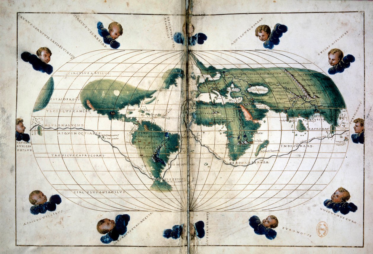 Planisfääri (tai maailmankartta). Maantieteellinen kartta Battista Agnesen atlasista (1500-1564), noin 1543. Paris, B.N. tekijältä Unknown artist