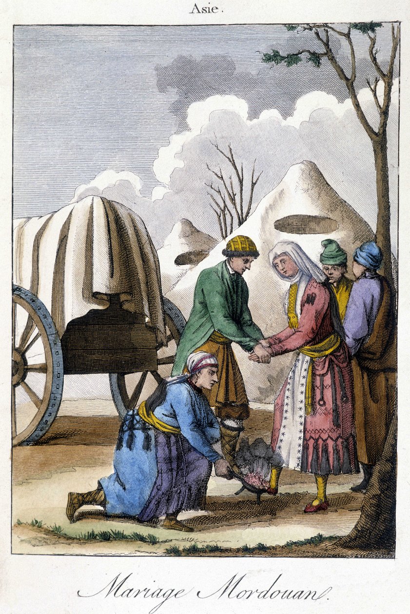 Kilpi vuodelta 1811, joka havainnollistaa avioliittoa Mordviassa tekijältä Unknown artist