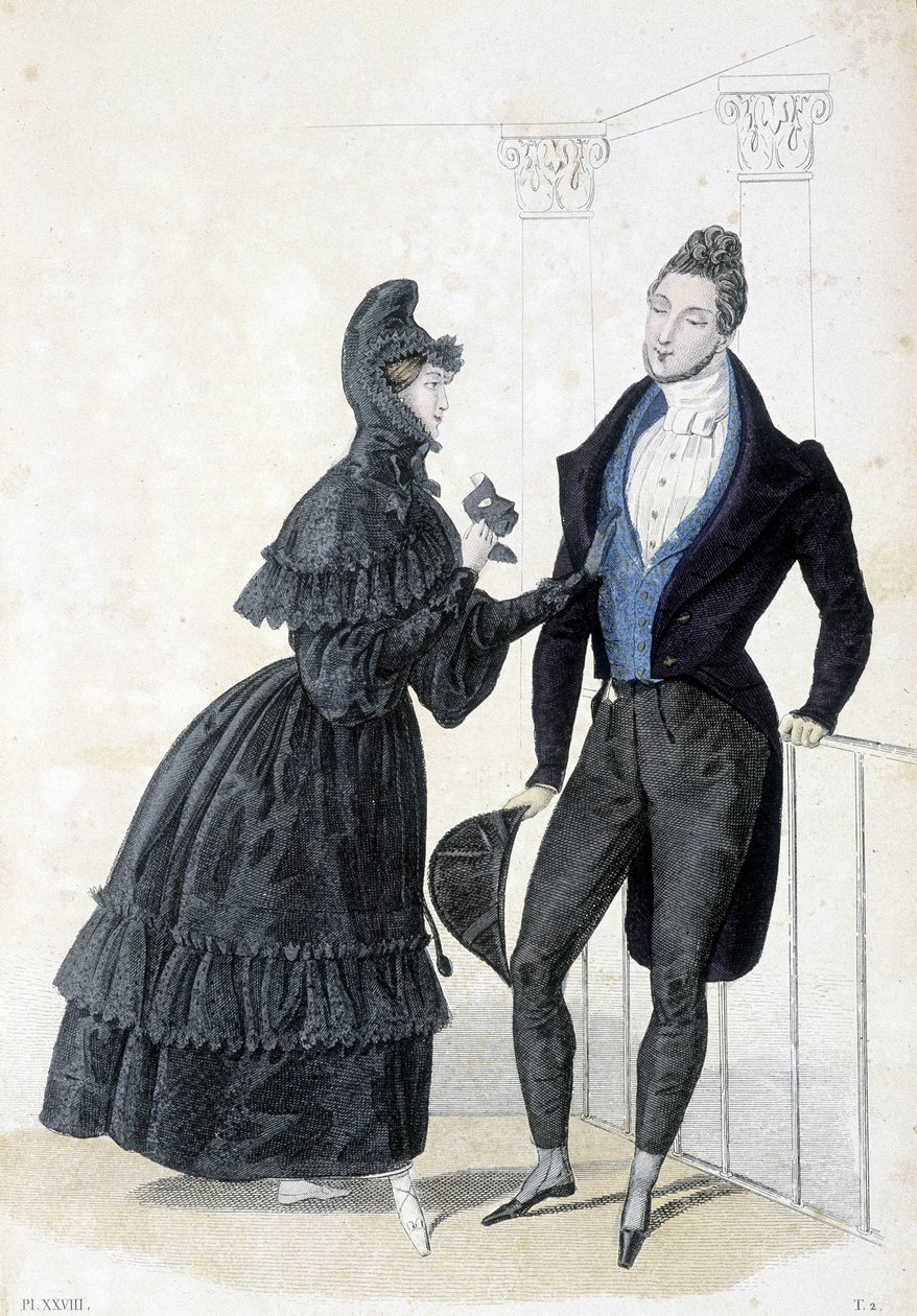 Levy havainnollistaa 1830-luvun maskuliinista ja feminiinistä muotia. Naisella on hupullinen mekko ja hän pitää kädessään ballinaamiota. tekijältä Unknown artist