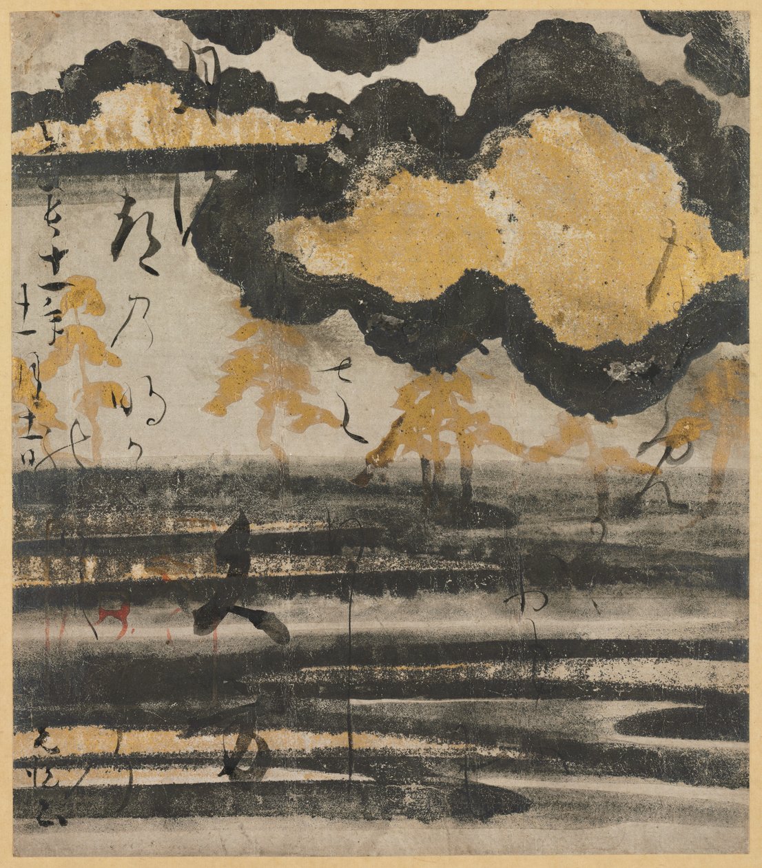 Runokortti Shin Kokin wakashulta (uusi kokoelma japanilaisia runoja muinaisista ja nykyaikaisista ajoista), jossa on Design of Pine on a Beach tekijältä Unknown artist
