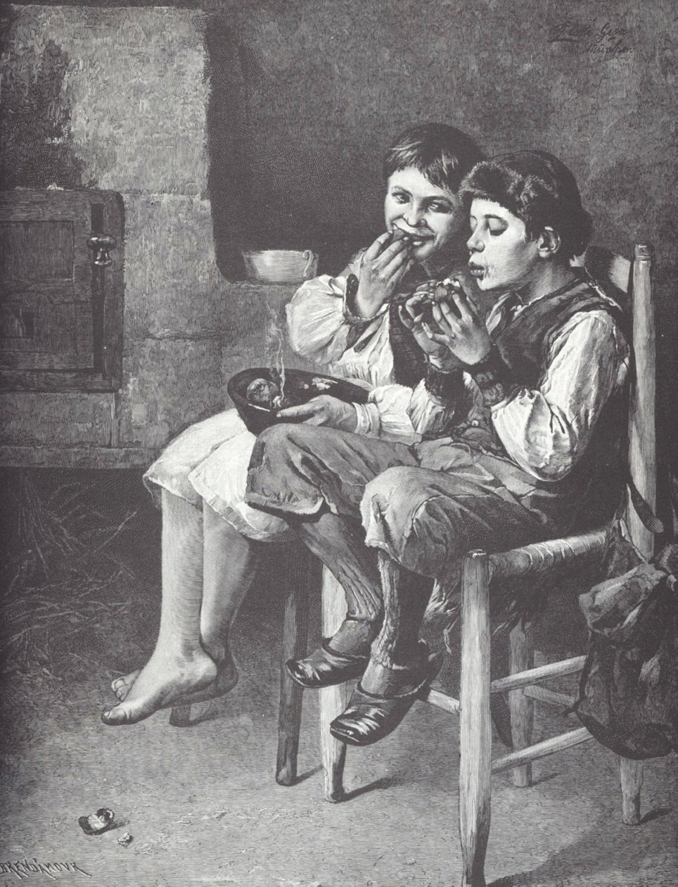 Köyhät pojat syömässä, 1800-luvun loppu (puukaiverrus) tekijältä Unknown artist
