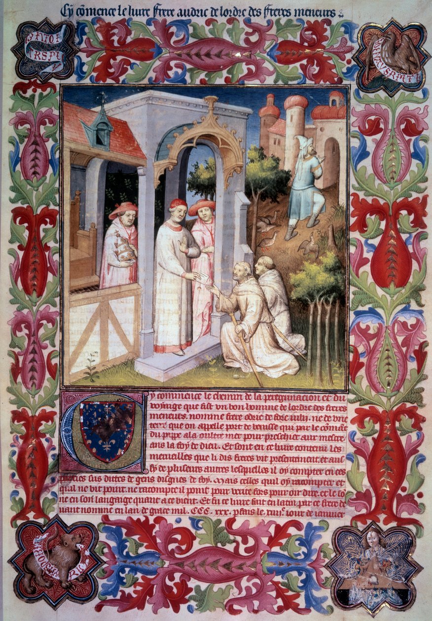 Paavi Johannes XXII uskoo Pordenonen Odoricin (fransiskaanisen) tehtävän evankelioida Overseas Sea. Miehet johtavat peltopyyjä Trabzoniin. Jean Without Fearsin aseet ja tunnus. Jean de Berryn aseet. Miniatyyri "" Itinerariumissa. Ihmeiden kirja", tekijältä Unknown artist