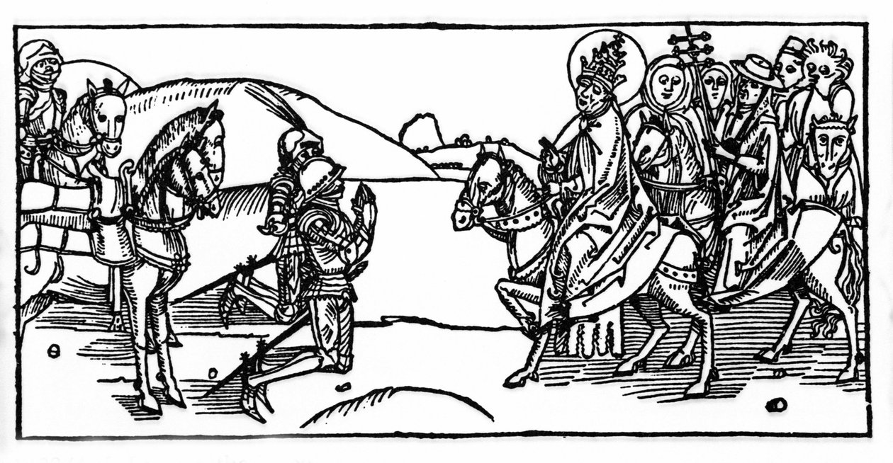 Paavi Leo I tapaa Attilan ja pysäyttää hänet - Kaiverrus "Leben der Heiligen - sommerteil" (Pyhän kirja), jonka on kirjoittanut Jacobus (James) Voraginesta (1228-1298). Lyypekki 1488. tekijältä Unknown artist