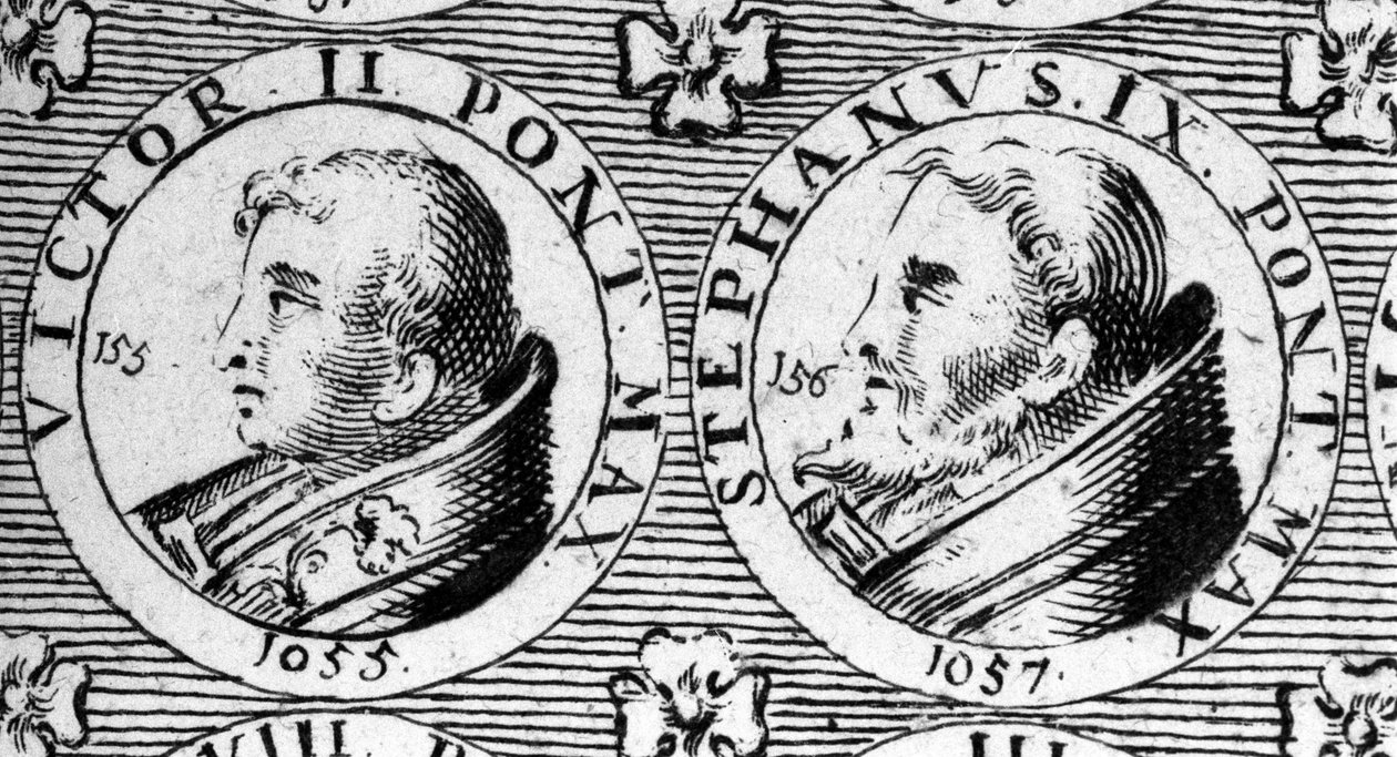 Paavi Viktor II (tai Victor 2 kuoli 1057) ja Stefanus IX (tai Stephane 9 kuoli 1058). Kaiverrus 1700-luvulta. tekijältä Unknown artist