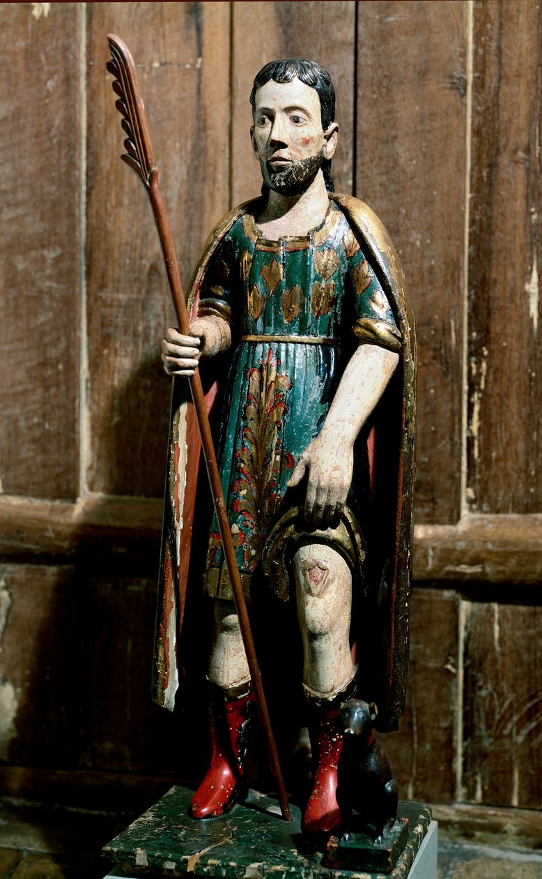 Suosittua taidetta: "" Saint Roch"" Pyhä kantaa ruttopullia jalassaan. Nimetön 1700-luvun veistos. São Paulon taidemuseo tekijältä Unknown artist