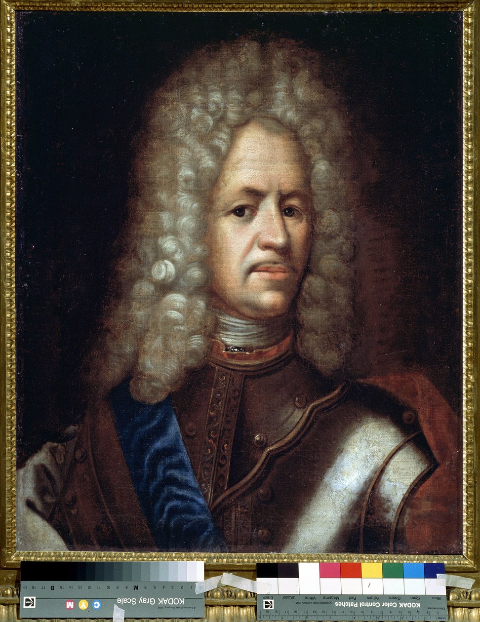 Muotokuva Aleksanteri Danilovich Menshikovista, Generalissimosta, Pyhän Rooman valtakunnan ruhtinasta ja Unkarin herttuasta (1673-1729). Anonyymi maalaus. Öljy kankaalle, 61 x 50 cm, noin 1720. Rokokootaidetta. Valtion historiallinen museo, Moskova. tekijältä Unknown artist