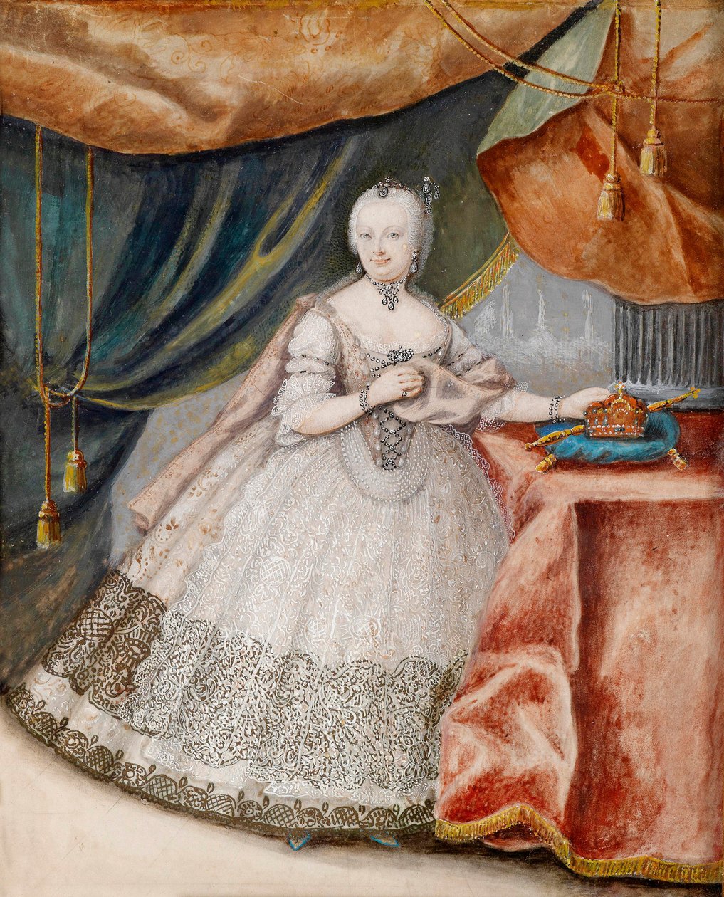 Itävallan keisarinna Marie Therese (1717-1780) muotokuva pitkässä pitsimekossa. Nimetön työ, akvarelli pergamentille, noin 1740. Itävaltalaista taidetta tekijältä Unknown artist