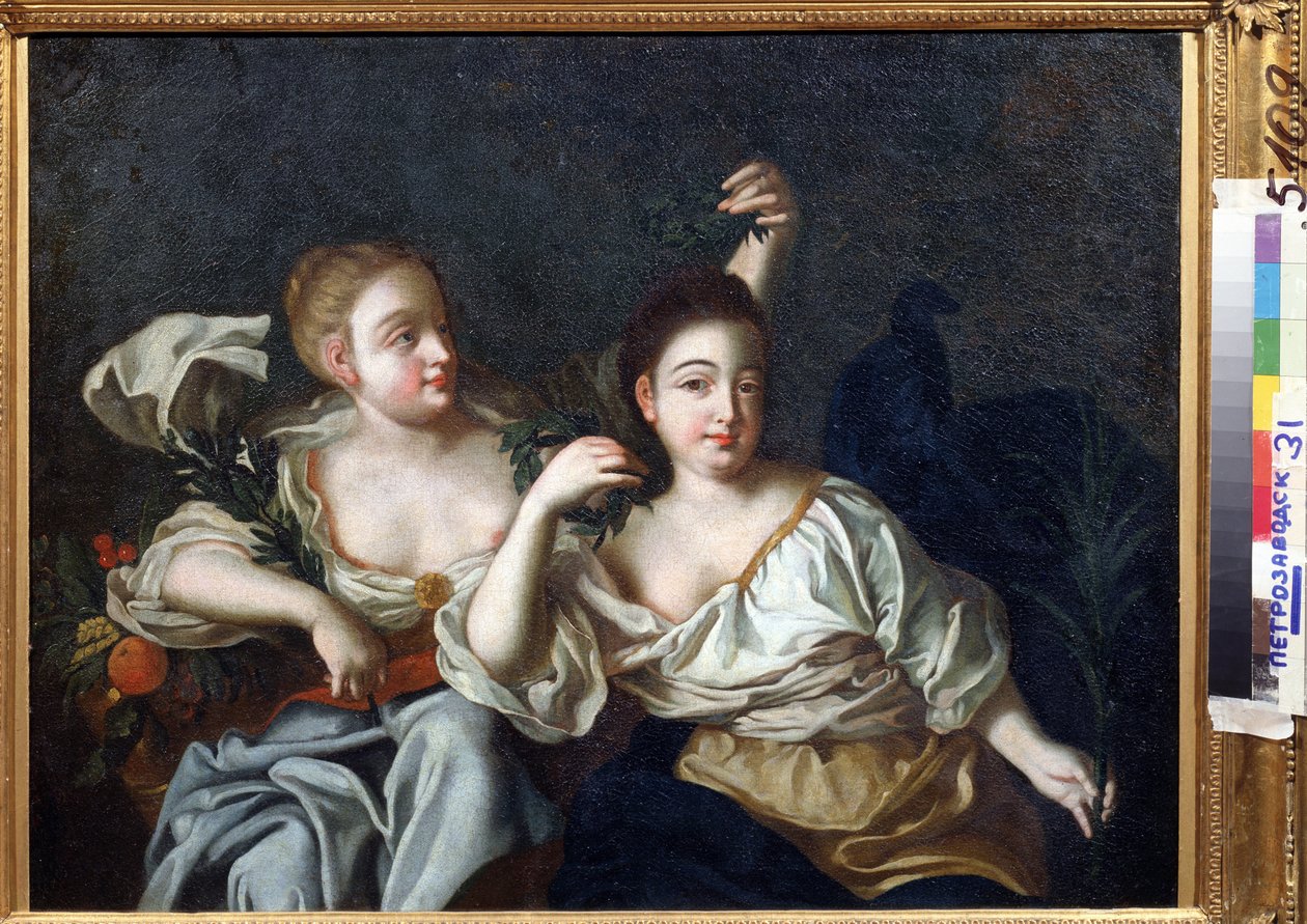 Keisari Pietari Suuren tyttärien muotokuva (Pietari Suuren tyttärien muotokuva). Anonyymi maalaus. Öljy kankaalle, 69 x 84 cm, 1700-luvun alku. Tasavallan Karjalan valtion taidemuseo, Petroskoi (Karjalan tasavalta). tekijältä Unknown artist
