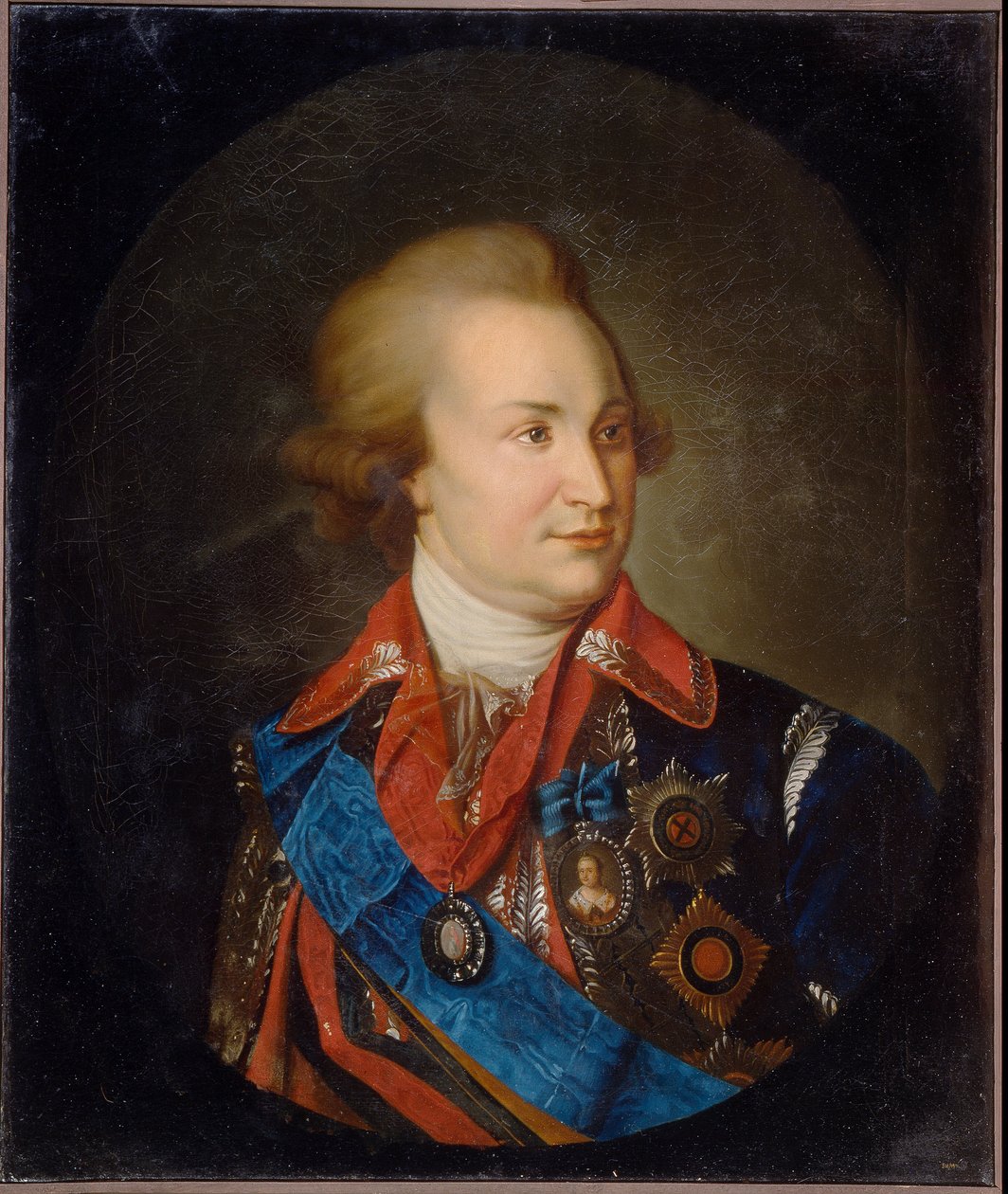 Tauris-prinssin, kenraalimarsalkka ja valtiomies Grigori Aleksandrovich Potemkin (tai Potiomkin) (1739-1791) muotokuva. (Prinssi Tauriksen muotokuva, kenraali marsalkka, valtiomies G. A. Potyomkin). Tsaarina Katariina II:n (1729-1796) suosikki. Pe tekijältä Unknown artist
