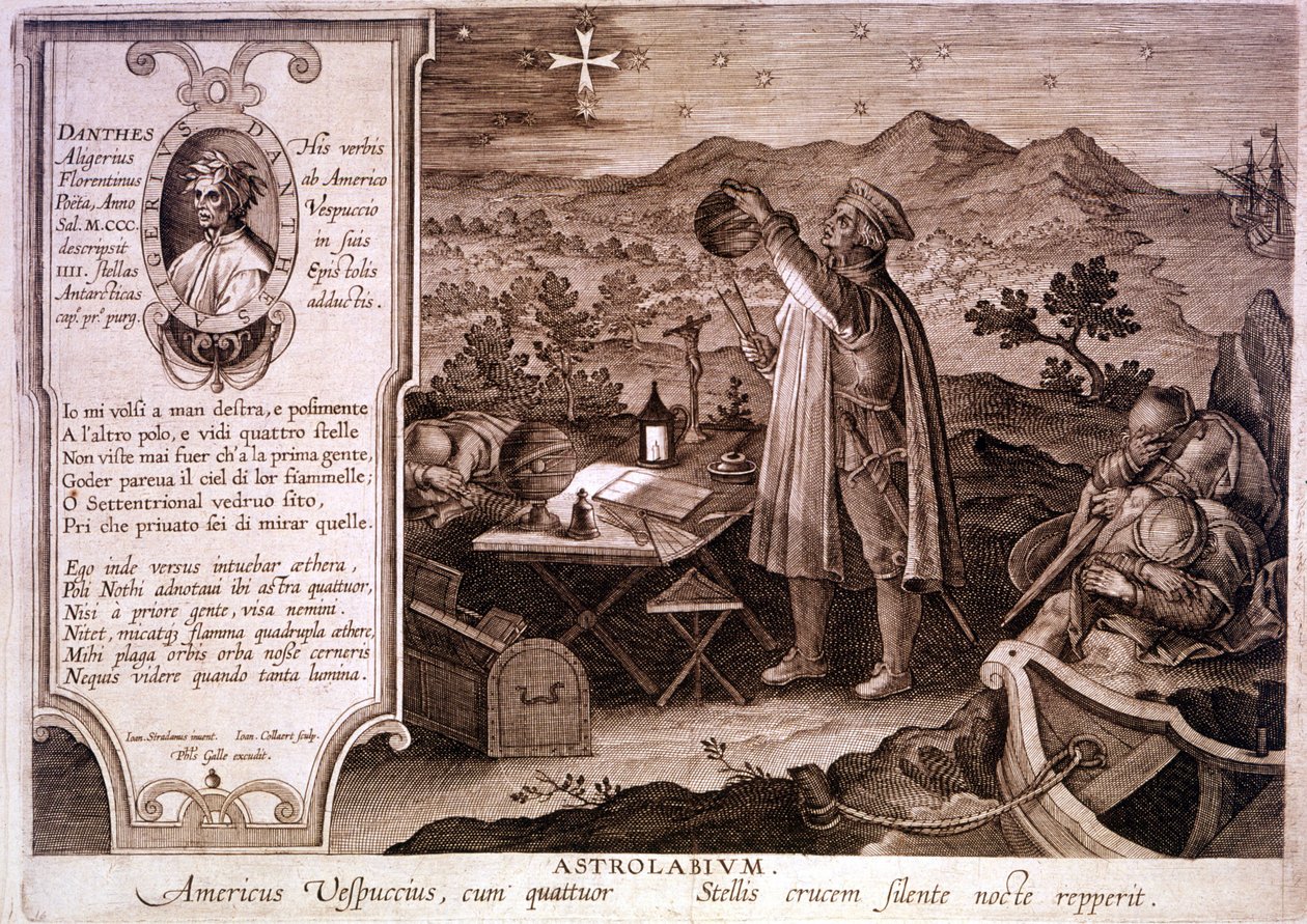 Amerigo Vespuccin (1454 - 1512), italialaisen navigaattorin muotokuva, joka on edustettuna astrolabia käyttäessä. Vasemmalla olevassa laatikossa on Dante Alighierin muotokuva sekä kohta Jumalallisen komedian Kiirastulon ensimmäisestä laulusta. Kaiverrus 18 tekijältä Unknown artist