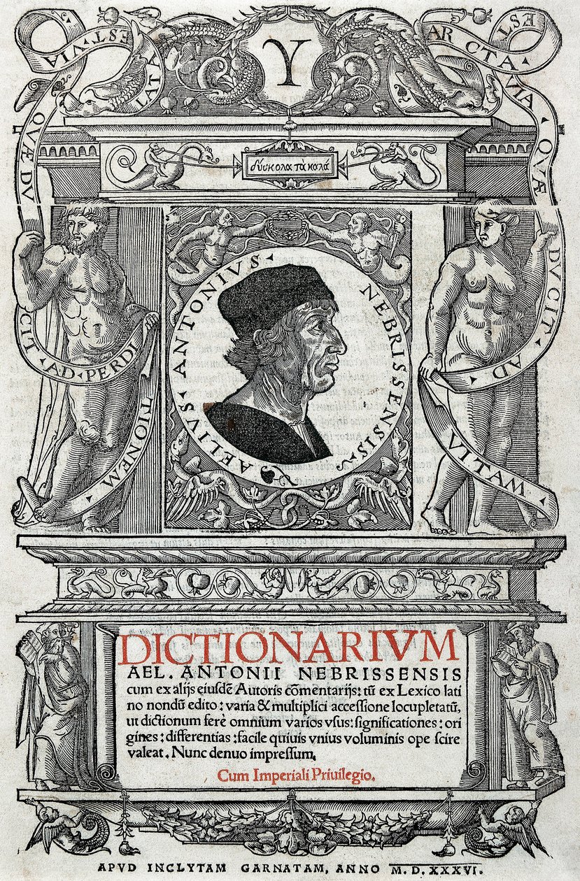 Antonio Martinez de Calan muotokuva sanoi Antonio de Nebrija (1441-1522), espanjalainen humanisti ja kielioppi. Hänen sanakirjansa vartiosivu, julkaistu vuonna 1536. Madridin kansalliskirjasto. tekijältä Unknown artist