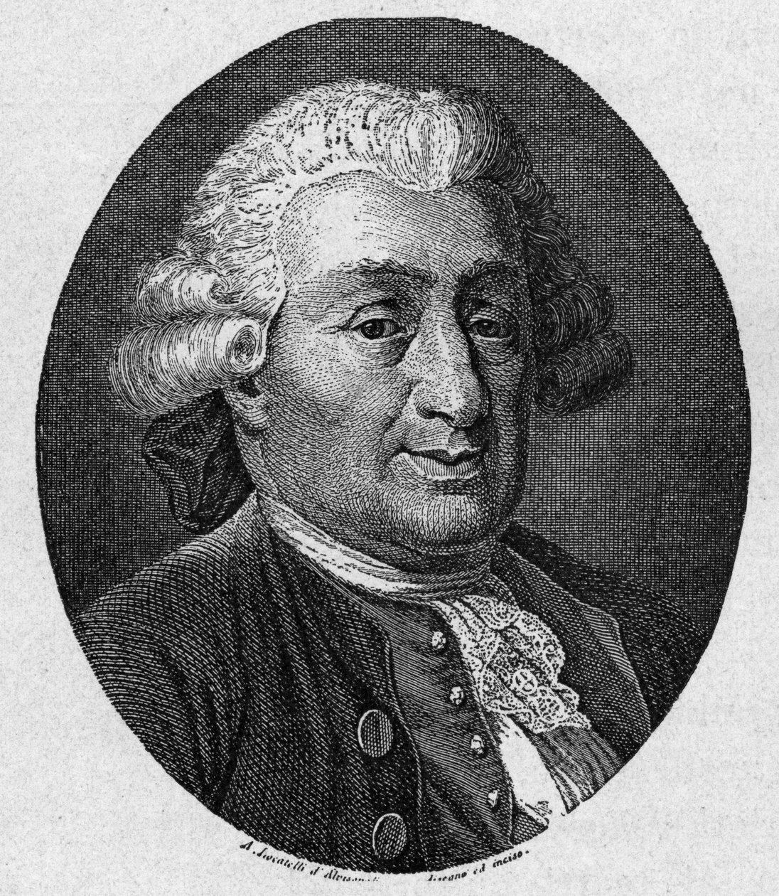 Muotokuva Carlo Goldonista (1707 - 1793), italialainen sarjakuvakirjailija. A. Locatellin kaiverrus 1800-luku tekijältä Unknown artist
