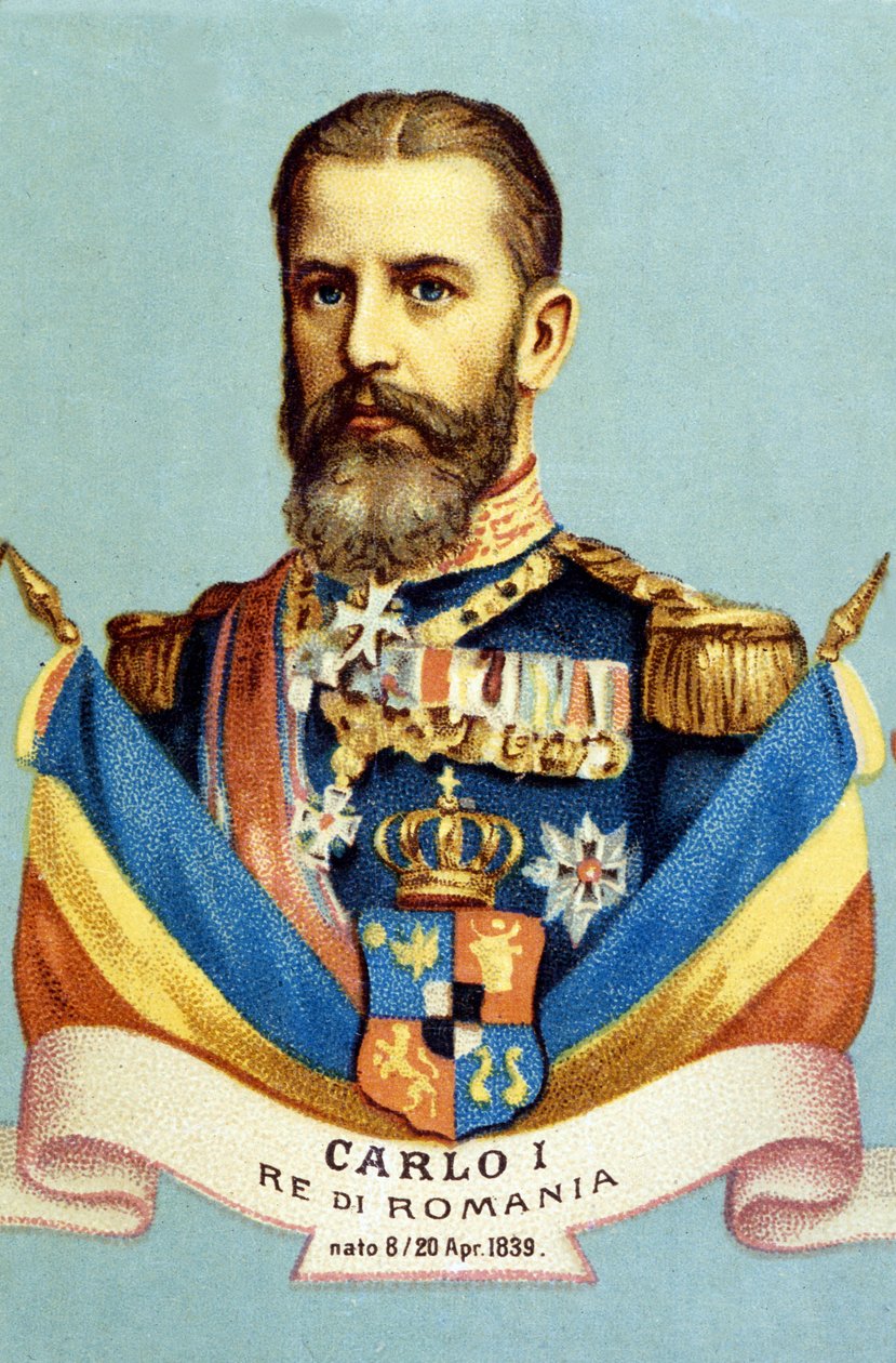 Kaarle I:n (Carol I) (1839-1914), Romanian kuninkaan muotokuva. 1800-luvun kromolitografia tekijältä Unknown artist