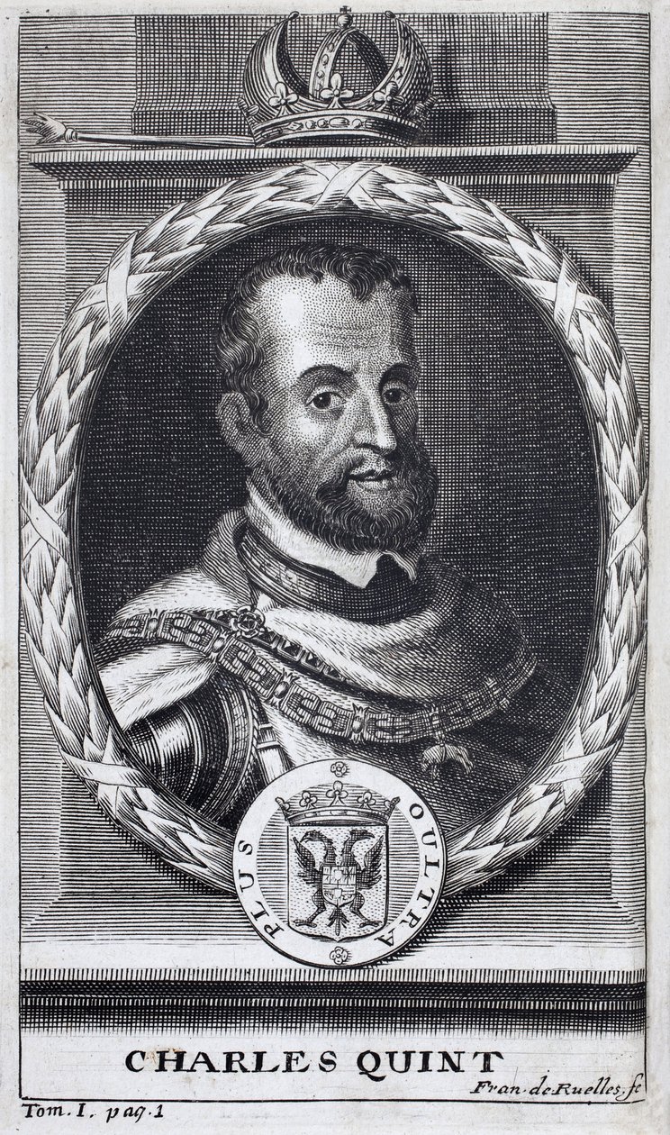 Kaarle V:n (1500-1558), Espanjan ja Espanjan Amerikan kuninkaan, Sisilian kuninkaan ja Pyhän Rooman valtakunnan germaanisen keisarin (1519-1556) muotokuva. Kaiverrus "Flanderin sodan historiaa", kirjoittanut Flamianus Strada, painos Joseph T