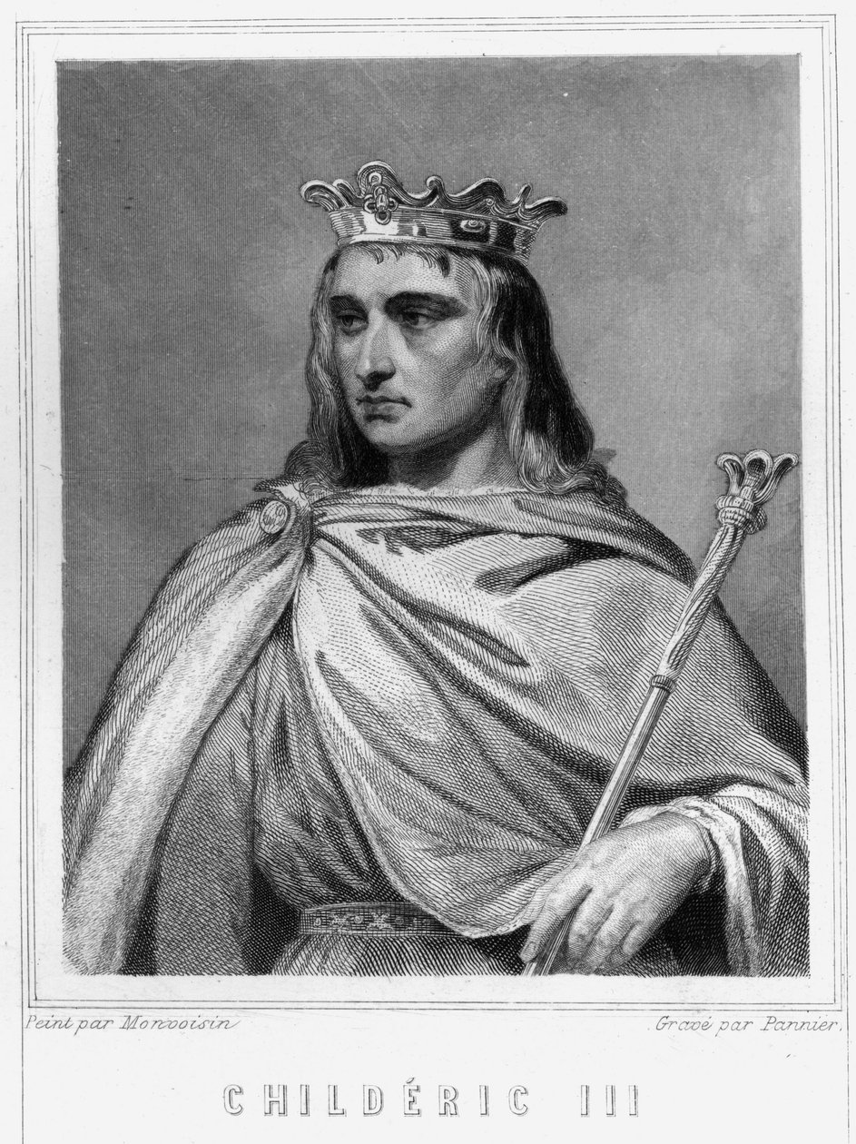 Chilperic II:n (? - 755), frangien kuninkaan, ensimmäisen Karolingien muotokuva - Lavalleen "Histoire des Francais" -kirjassa, kaiverrus, sd. tekijältä Unknown artist