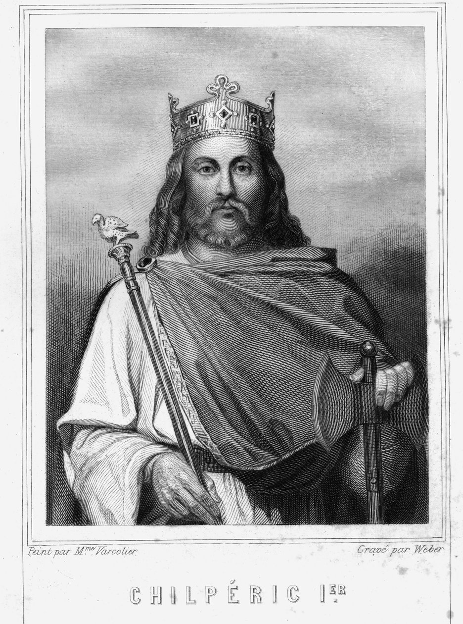 Neutrian kuninkaan Chilperic I:n (539 - 584) muotokuva - Lavalléen "Histoire des Français" -kirjassa, kaiverrus, sd. tekijältä Unknown artist
