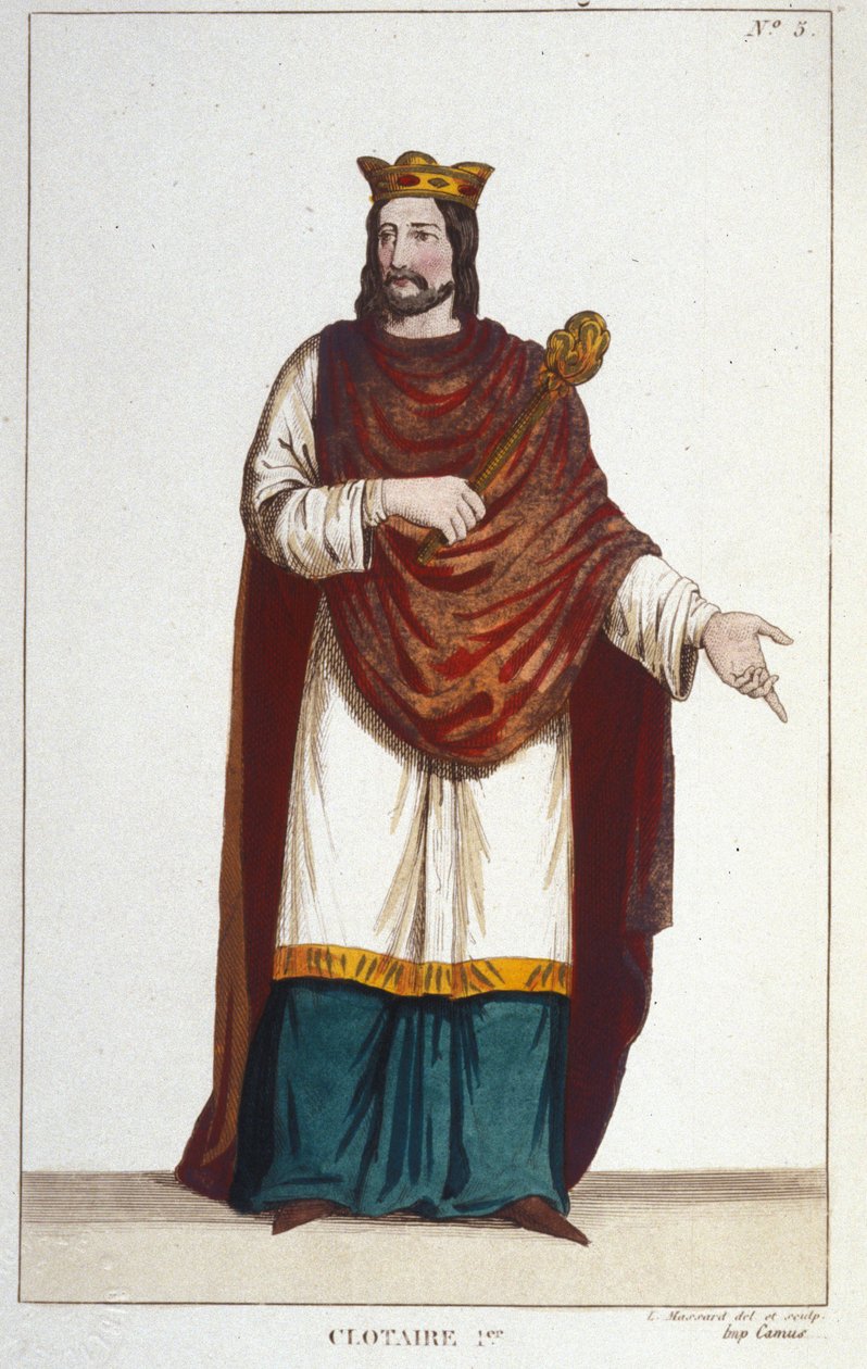 Neutrian kuninkaan ja frankkien kuninkaan Clotaire (Clothaire) I (497 - 561) muotokuva. kaiverrus vuodelta 1830 tekijältä Unknown artist
