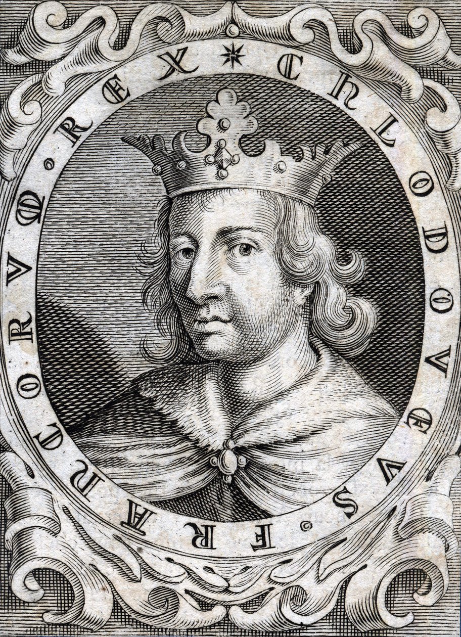 Muotokuva Clovis II:sta (? - 657), Neutrian, Burgundin ja Austrasian kuninkaan kaiverrus 1700-luvulta tekijältä Unknown artist