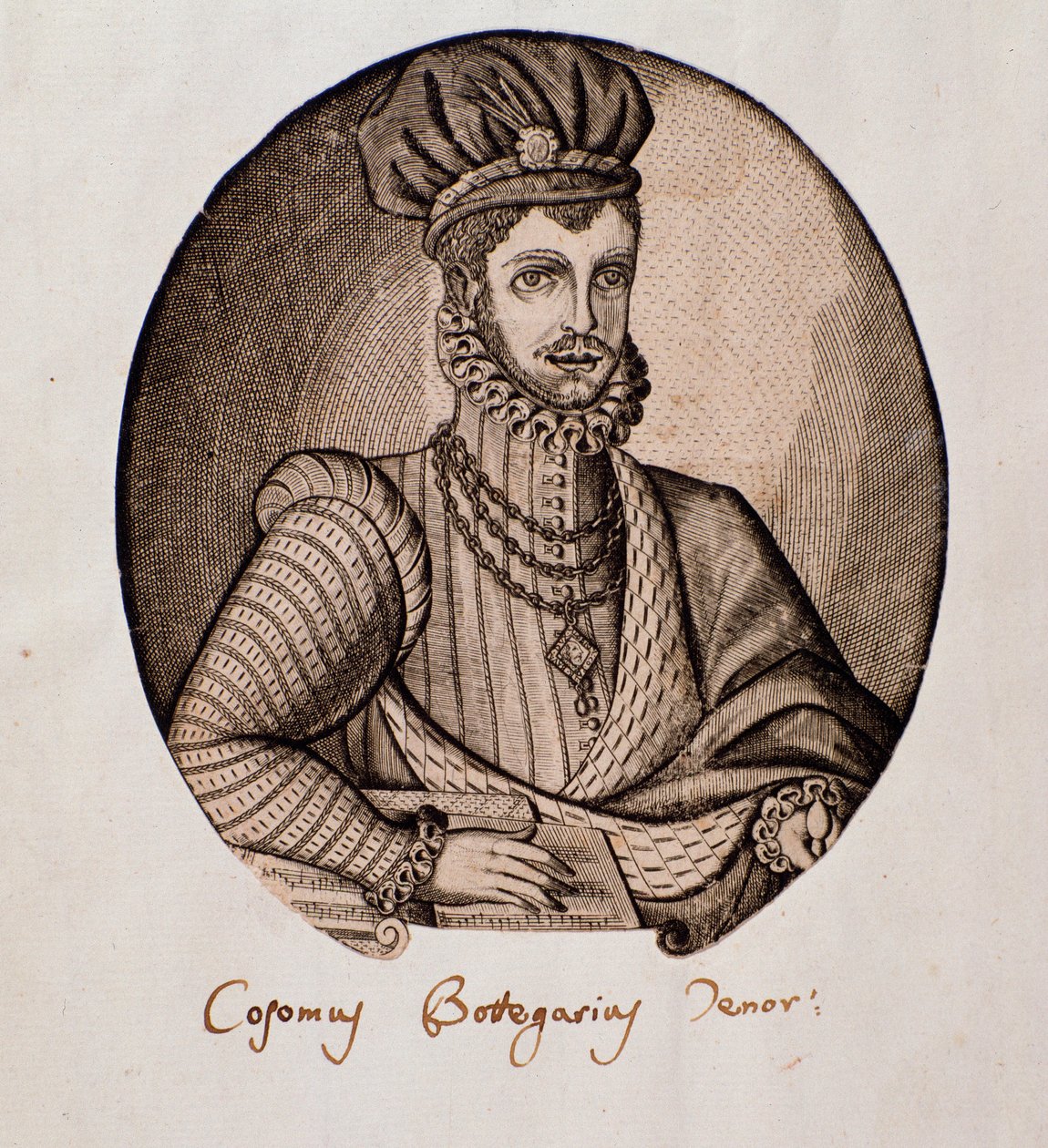 Cosimo Bottegarin (1554-1620) muotokuva italialainen lutenisti ja säveltäjä Kaiverrus. 1600-luvun Bologna, kansalaismusiikkibibliografinen museo tekijältä Unknown artist