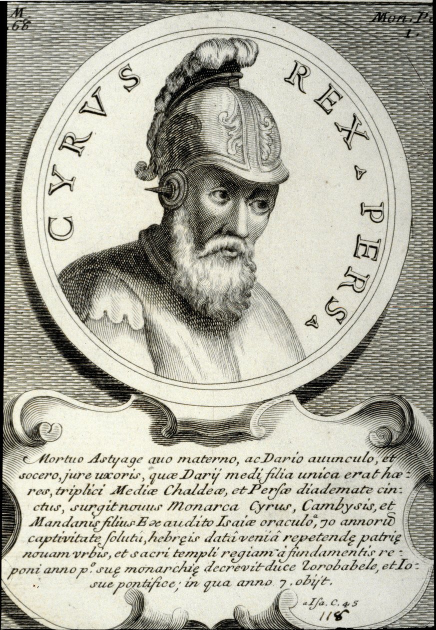Kyros II:n (noin 559-529 eKr.) muotokuva, jota kutsuttiin Kyyros Suureksi, Persian valtakunnan perustajaksi. Kaiverrus 1700-luvun yksityiskokoelmasta tekijältä Unknown artist