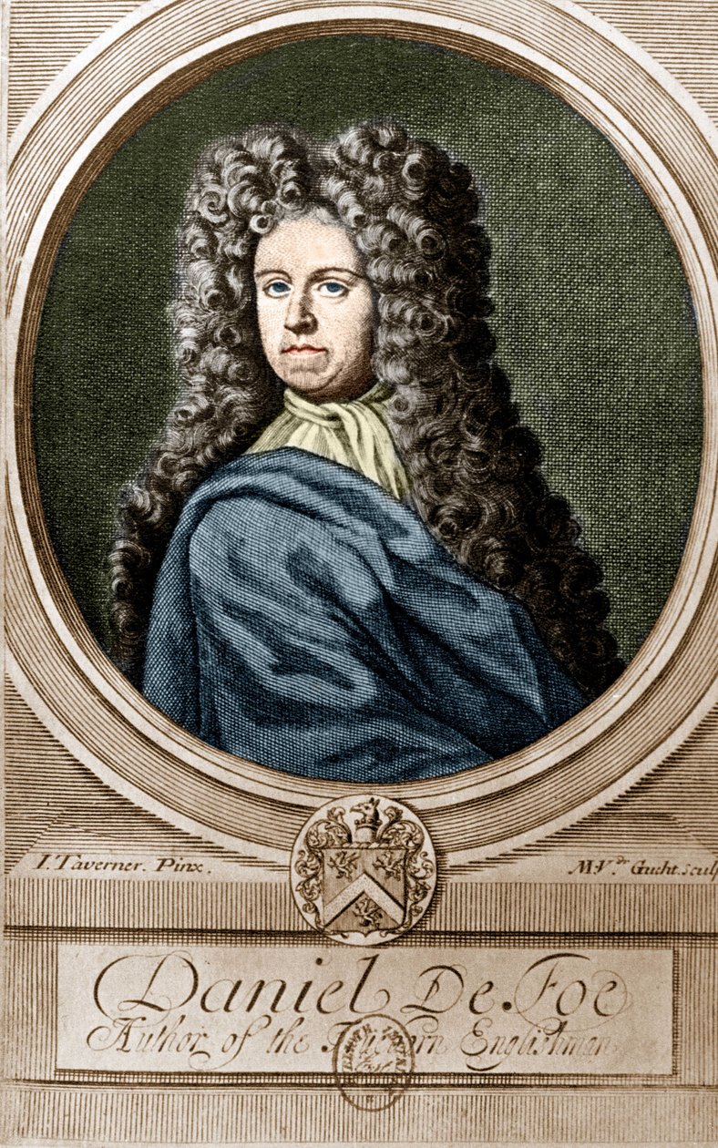 Muotokuva Daniel de Foe tai Defoe (1660 - 1731), englantilainen kirjailija ja toimittaja, romaanin "Robinson Crusoe" kirjoittaja. tekijältä Unknown artist
