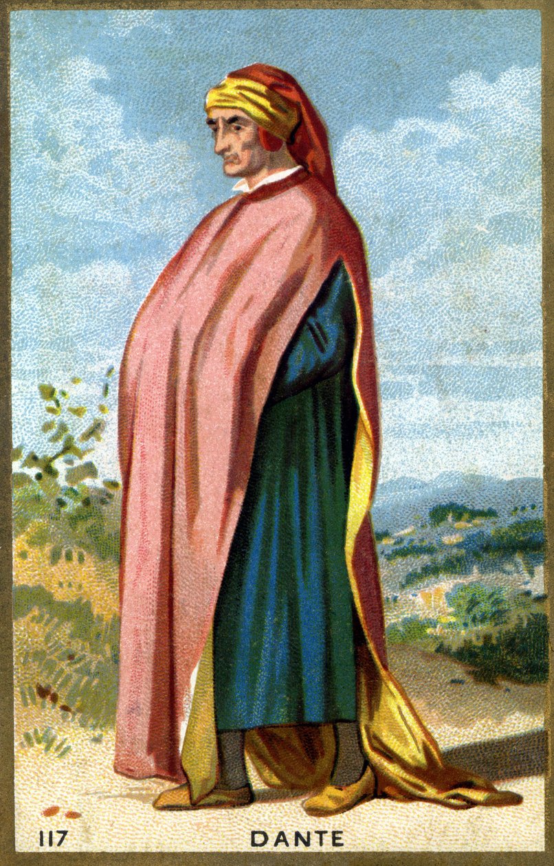 Muotokuva Dante Alighieristä, sinun Dantestasi (1265 - 1321), italialaisesta runoilijasta. 1800-luvun kromolitografia. tekijältä Unknown artist