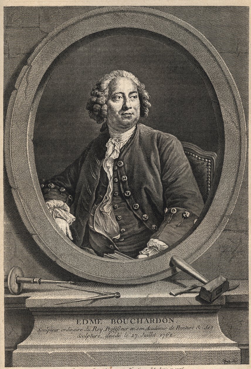 Edme Bouchardonin (1698-1762) muotokuva ranskalaisesta kuvanveistäjästä ja sarjakuvapiirtäjästä - kaiverrus vuodelta 1776 tekijältä Unknown artist