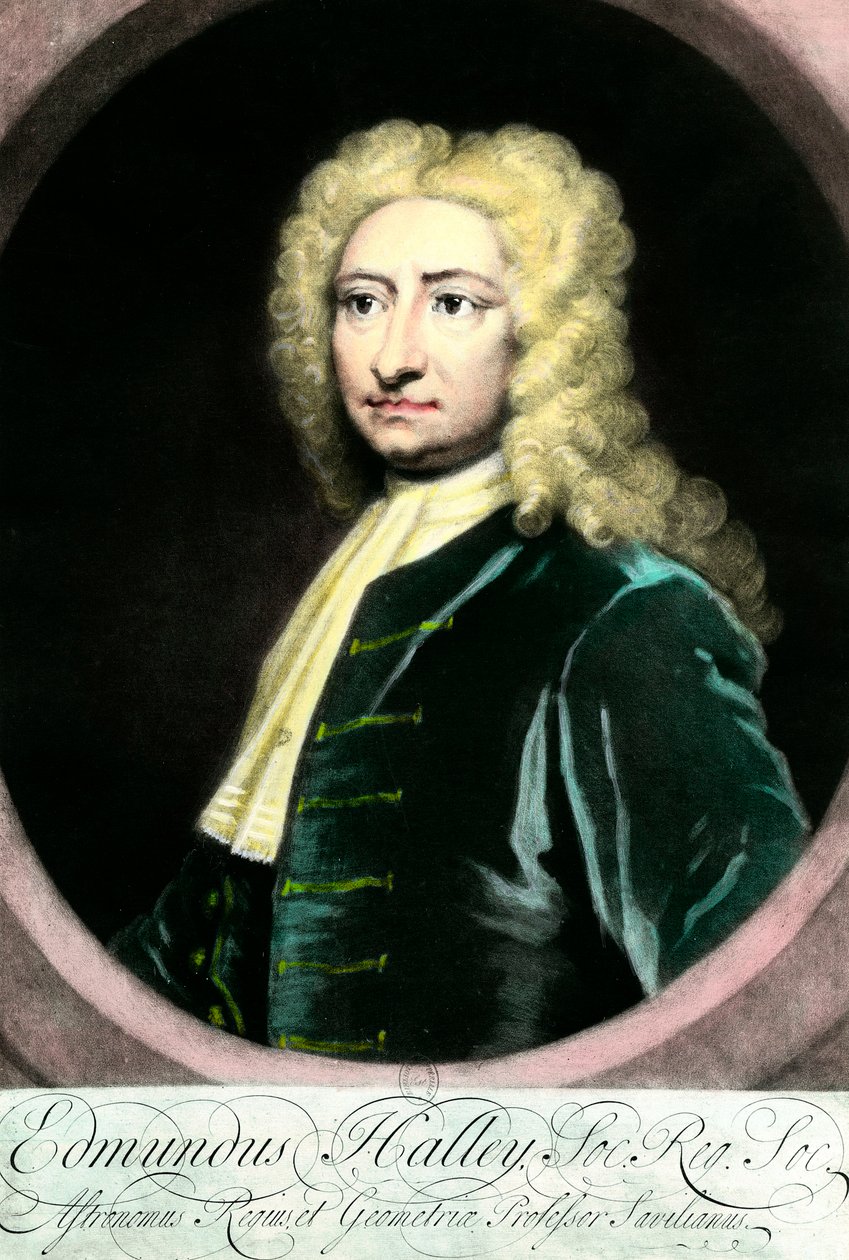 Edmond (Edmund) Halley (1656-1742), brittiläisen tähtitieteilijän muotokuva”” Kaiverrus 1700-luvun kokoelmasta Particuliere tekijältä Unknown artist