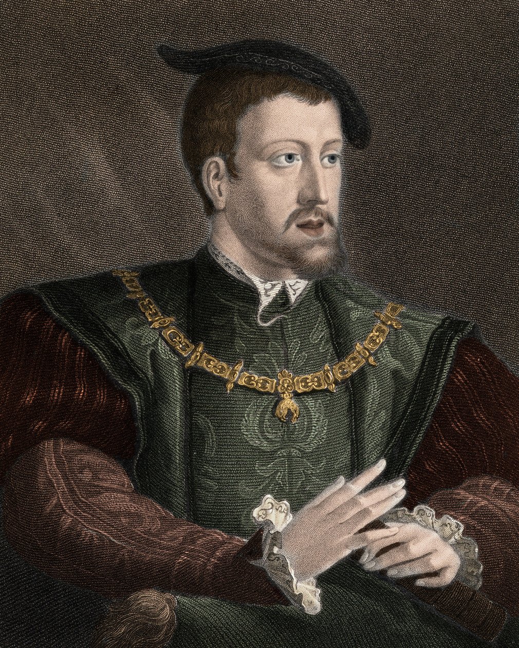 Keisari Kaarle V:n (1500-1558) muotokuva kultaisen fleecen ritarikunnan kaulakorulla - Kaarle V (1500-1558) Kultavillan ritarikunnan ketjulla kaulassa - kaiverrus - 1800-luku tekijältä Unknown artist
