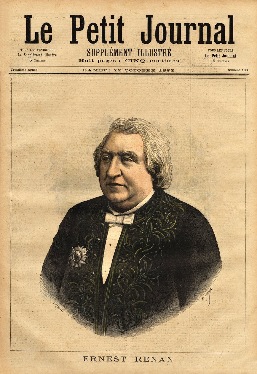 Muotokuva Ernest Renanista (1823-1892), kirjailijasta, filologista, filosofista ja historioitsijasta. Suosittu kirjailija "Jeesuksen elämä", joka sisältää tämän kiistan Jeesuksen elämäkerrasta, joka on muuttunut tavalliseksi ihmiseksi ja että Raamattua on  tekijältä Unknown artist