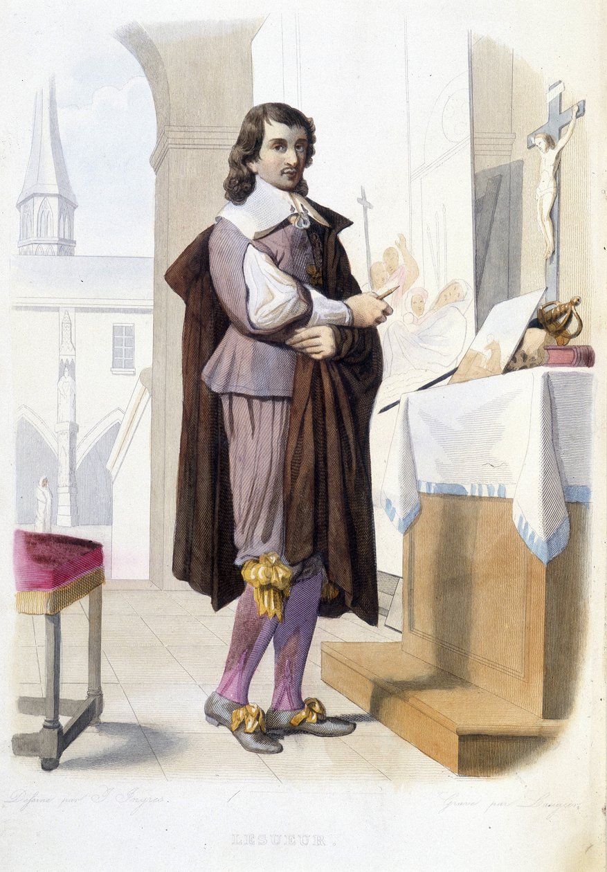 Ranskalaisen taidemaalarin (1616-1655) Eustache Le Sueurin muotokuva. työpajassaan - Mennechetin teoksessa "Ranskalainen Plutarch". tekijältä Unknown artist
